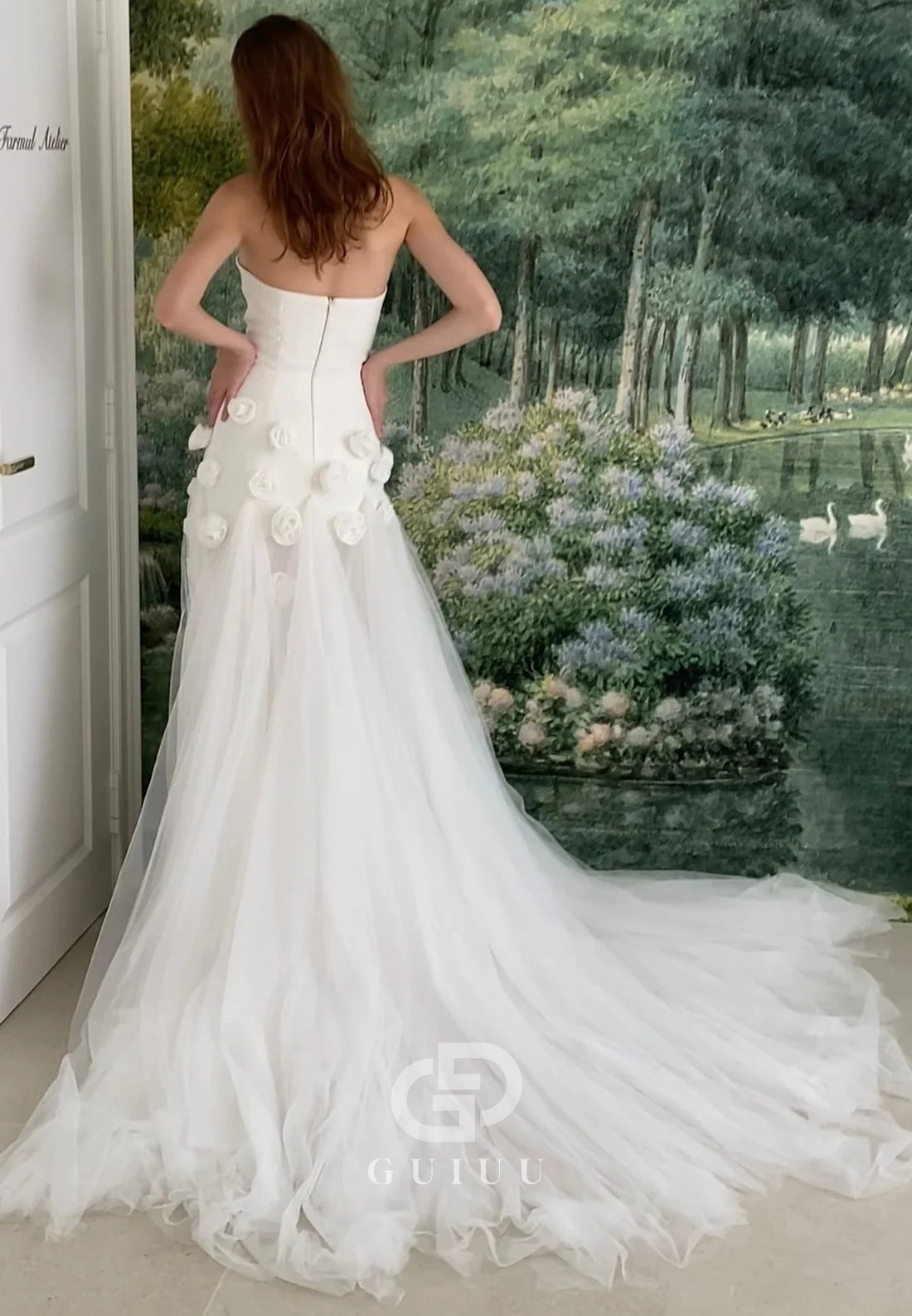 Charming Mermaid Strapless Long Tulle Prom Dress with 3D Flowers