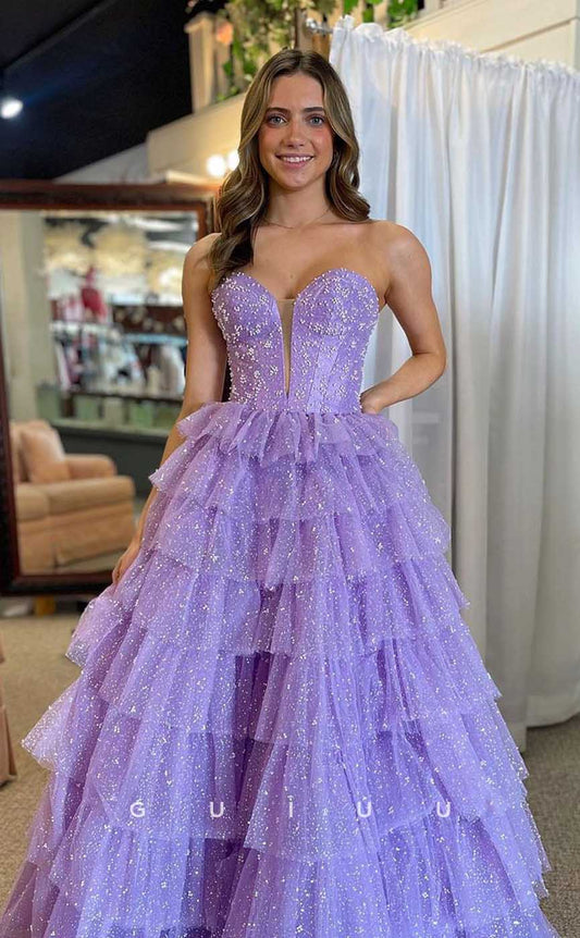 G4486 - Chic & Cute A-Line Strapless Sleeveless Purple Tulle Tiered Shiny Long Party Prom Evening Gown