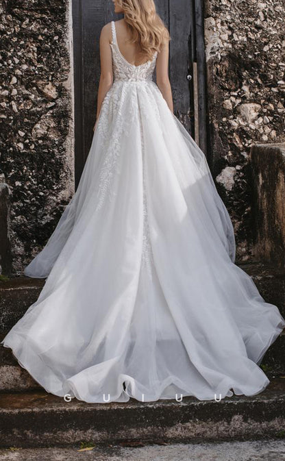 GW475 - Elegant & Luxurious A-Line Beaded Lace Straps Tulle Boho Wedding Dresses