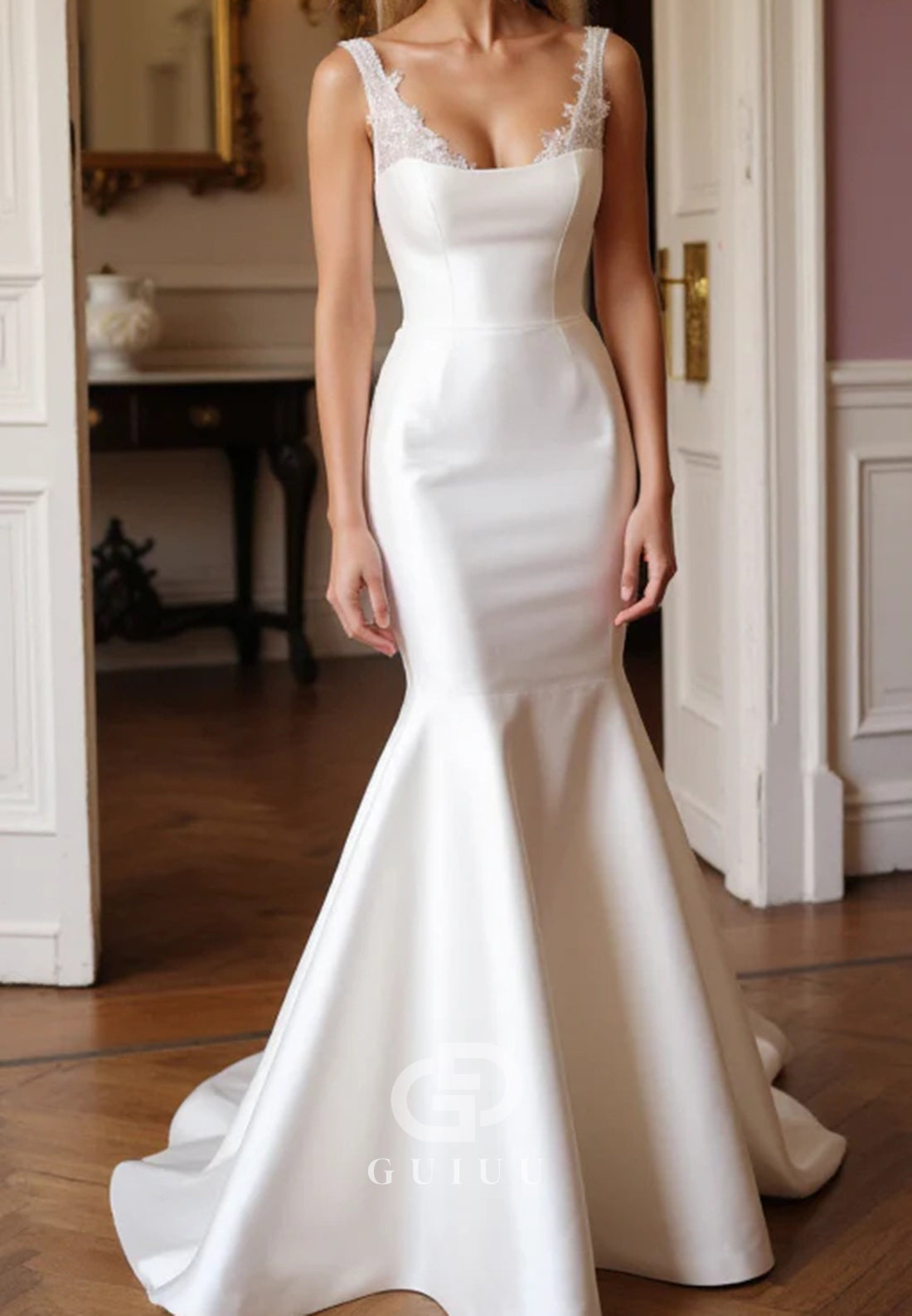 Elegant Mermaid Wedding Gown with Deep V Back & Lace Straps