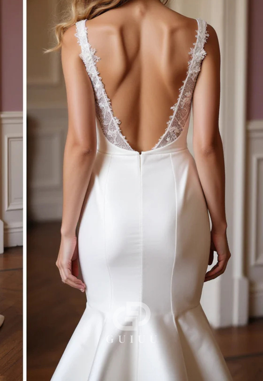 Elegant Mermaid Wedding Gown with Deep V Back & Lace Straps