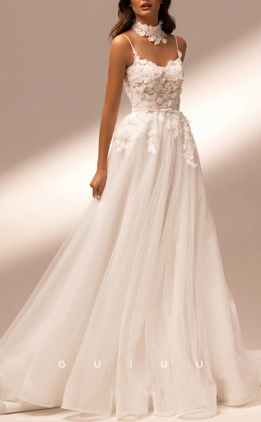 GW480 - Elegant & Glitter A-Line Straps Applique Tulle Beach Boho Wedding Dresses