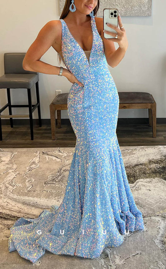 G2321 - Unique Sequins Spaghetti Straps Plunging Illusion Open Back Prom Dress With Sweep Train