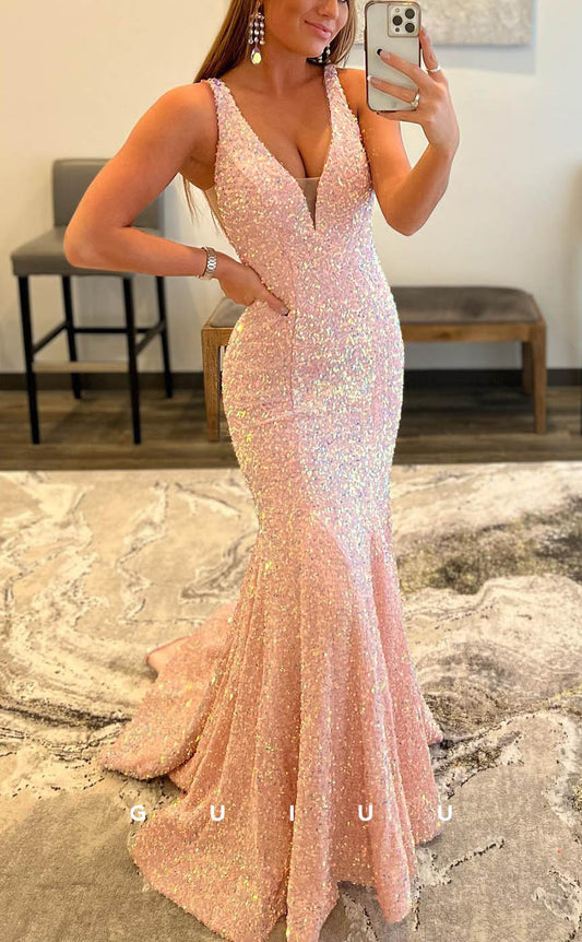 G2325 - Fashion Sequins Spaghetti Straps Deep V-Neck Prom Dress With Sweep Train
