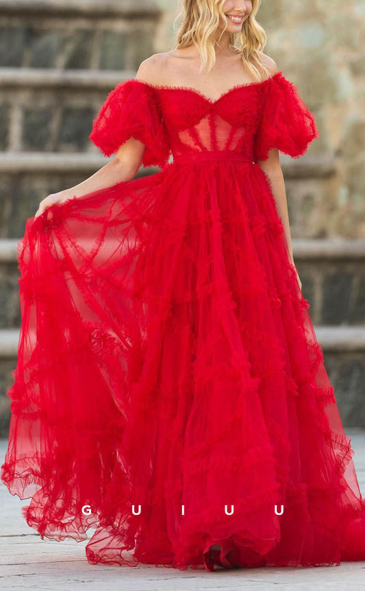 G2327 - Elegant & Luxurious Sheer Tulle Puff Sleeves Red Open Bak Bowknot Evening Dress