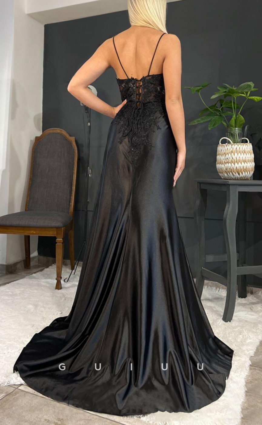 G2333 - Sexy & Hot Satin Lace Spaghetti Straps Sweep Train Prom Dress With Side Slit