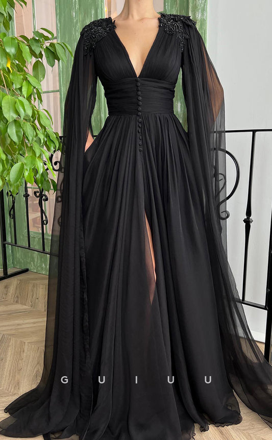 G2339 - Unique Tulle Long Sleeves V-Neck Beaded Black Prom Evening Dress
