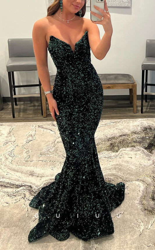 G2348 - Sexy Fully Sequined V-Neck Floor Mermaid Prom Dress With Open Back