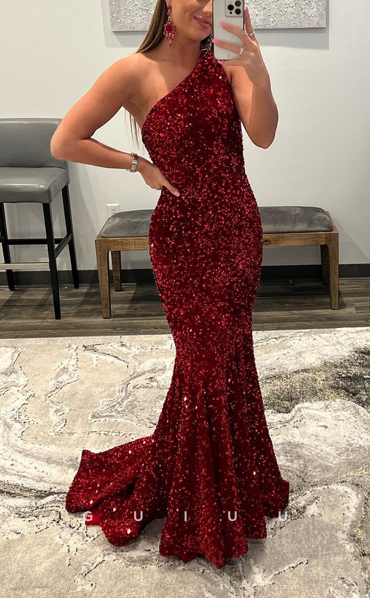 G2349 - Sexy One-Shoulder Fully Sequined Mermaid  Prom Dress With Open Back