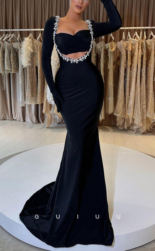 G2353 - Sexy & Hot Long Mermaid Sleeves Strapless Rhinestone Black Prom Evening Dress