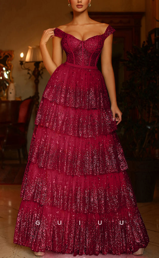 G2365 - Classic Off-Shoulder Sheer Sequins Long Ball Gown Prom Evening Dress