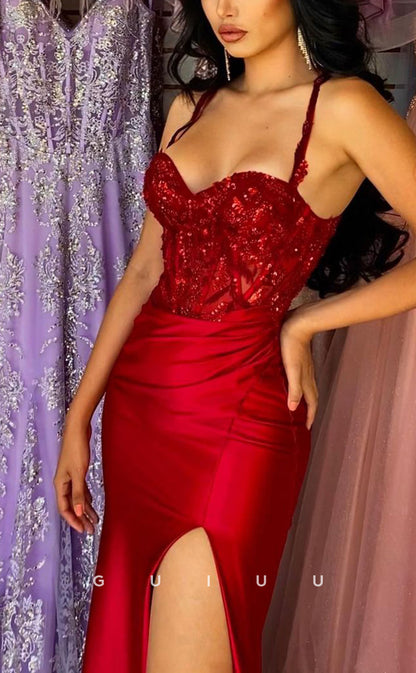 G2371 - Sexy/Hot Sequins Straps Satin Red Long Prom Dress With Side Slit