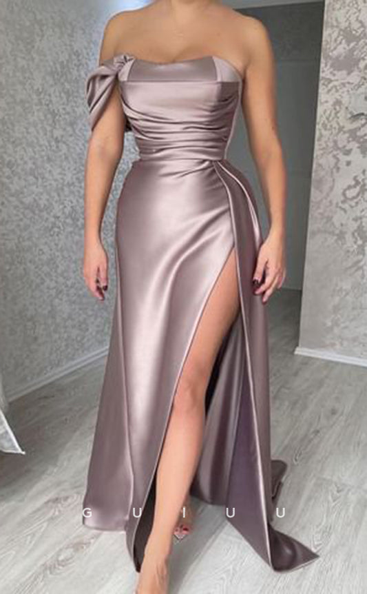 G2374 - Sexy & Hot Off-Shoulder Strapless Pleats Long Prom Dress With Side Slit