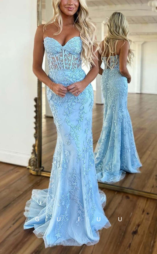 G2379 - Sexy Lace Appliques Straps Mermaid Evening Prom Dress With Lace-Up