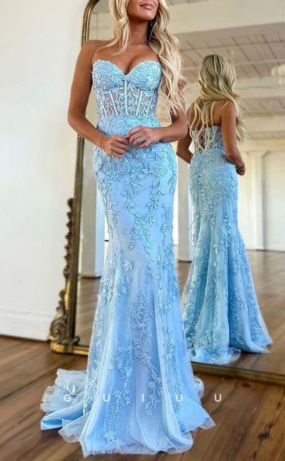 G2379 - Sexy Lace Appliques Straps Mermaid Evening Prom Dress With Lace-Up