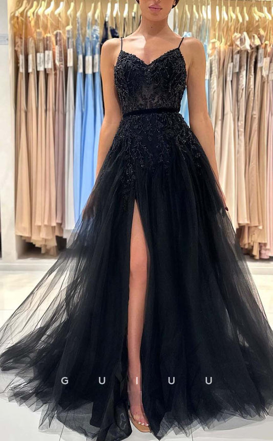 G2384 - Sexy Hot A-Line Straps Tulle Sheer Evening Prom Dress With Slit
