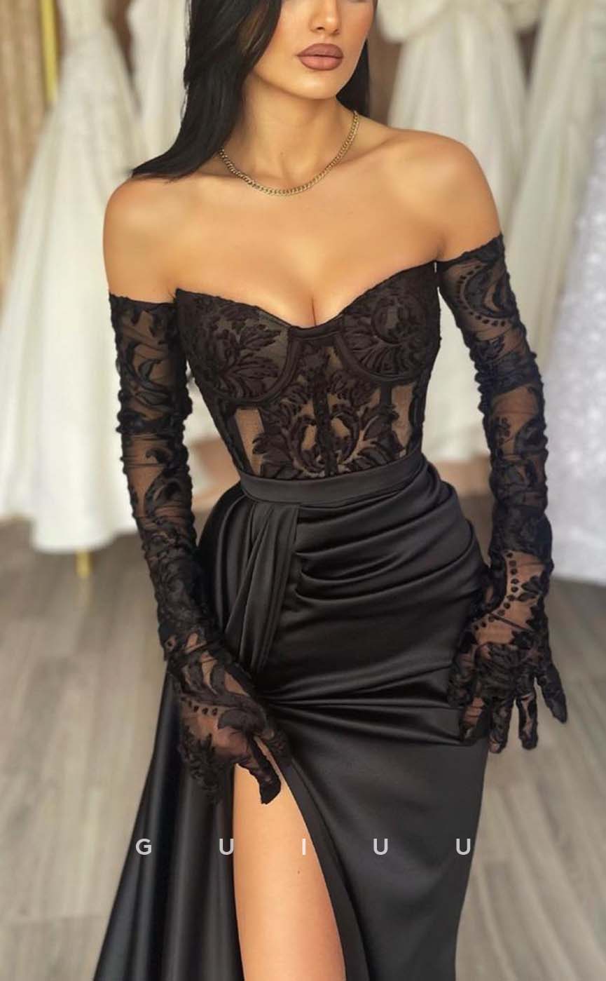 G2386 - Sexy Off-Shoulder Sheer Pleats Prom Evening Dress With Slit