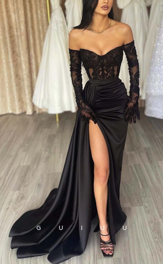 G2386 - Sexy Off-Shoulder Sheer Pleats Prom Evening Dress With Slit