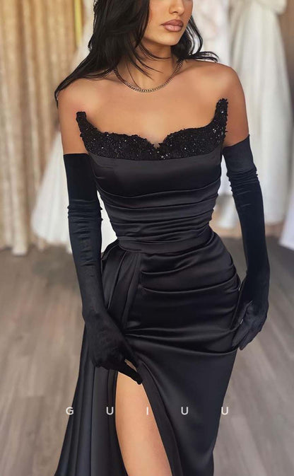 G2388 - Sexy Sheath Black Satin Pleats Prom Evening Dress