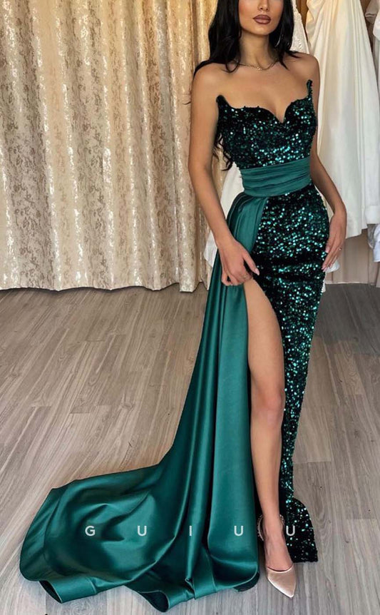 G2389 - Sexy Sheath Sequins Satin Train Prom Evening Dress With Slit