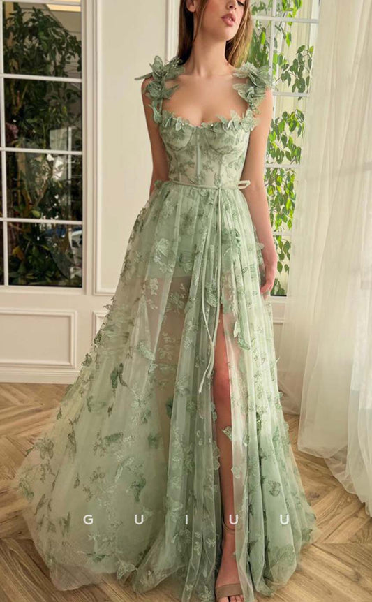 G2394 - Elegant A-Line Appliques Tulle Evening Prom Dress With Slit