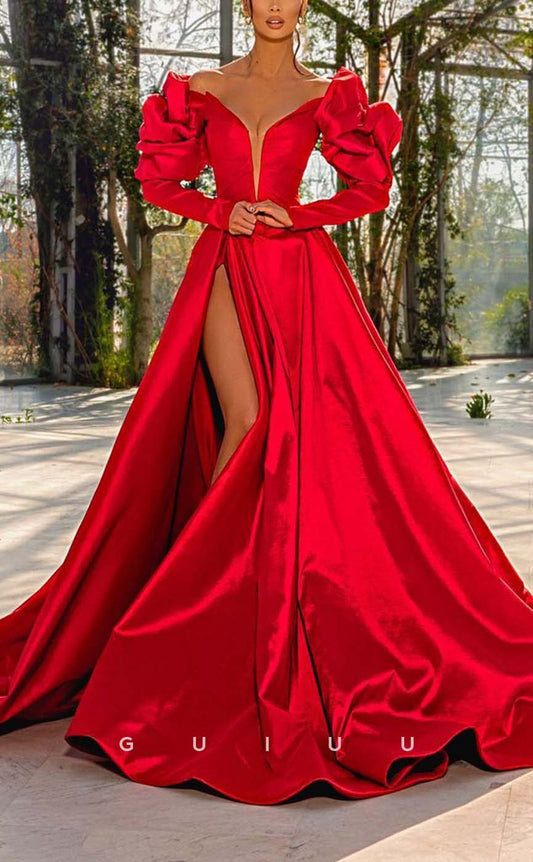 G2395 - Sexy/Hot A-Line Deep V-Neck Red Prom Dress With Slit
