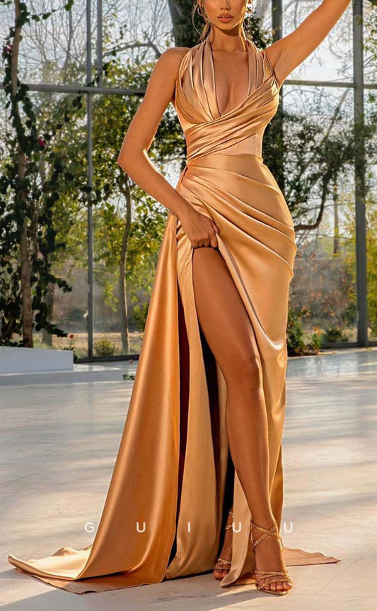 G2398 - Sexy Hot Halter Pleats Evening Prom Dress With Slit