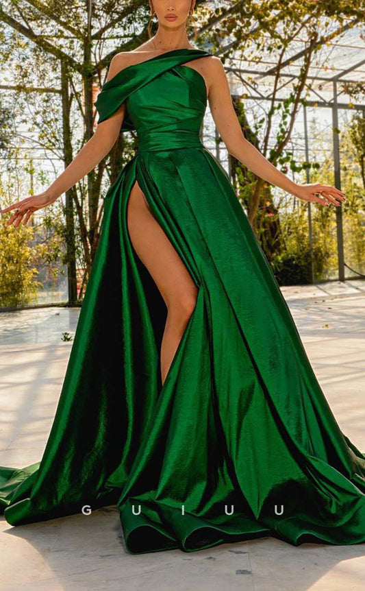 G2400 - A-Line PLeats Satin One-Shoulder Evening Prom Dress With Slit