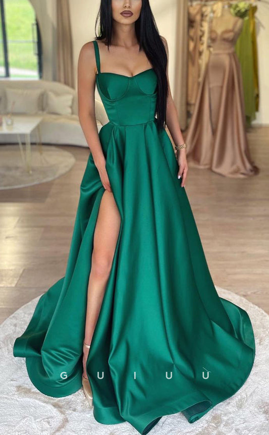 G2413 - New 2024 A-Line Straps Long Formal Prom Evening Dress With Slit