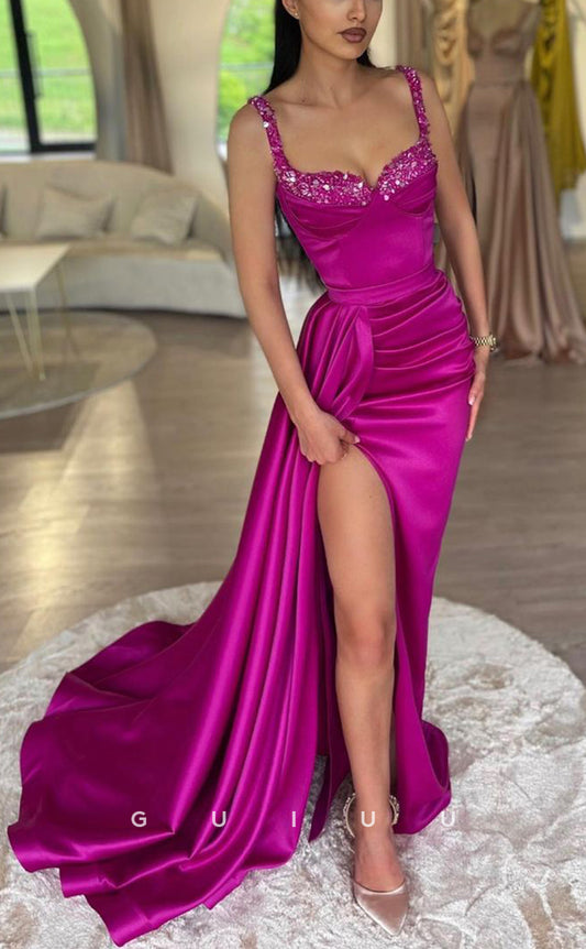 G2414 - New 2024 Sequins Straps Pleats Floor Prom Evening Dress