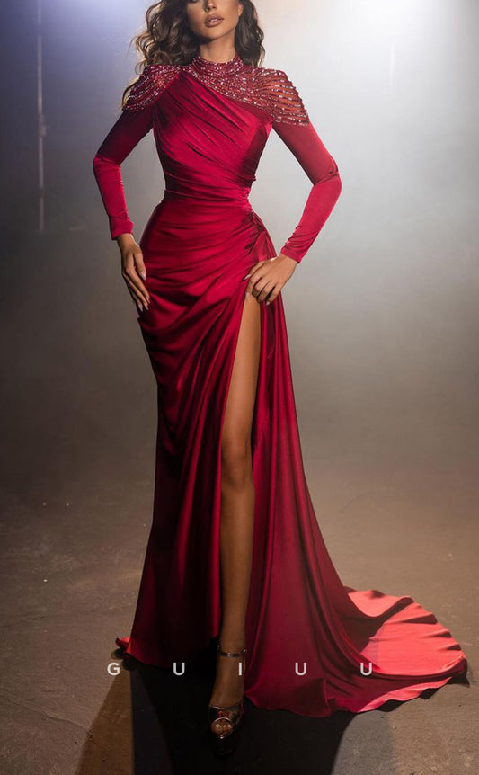 G2430 - New 2024 Red Beaded Long Formal Evening Prom Dress With Slit