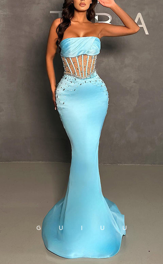 G2434 - Sexy & Hot Straps Sheer Beaded Mermaid Long Prom Evening Dress