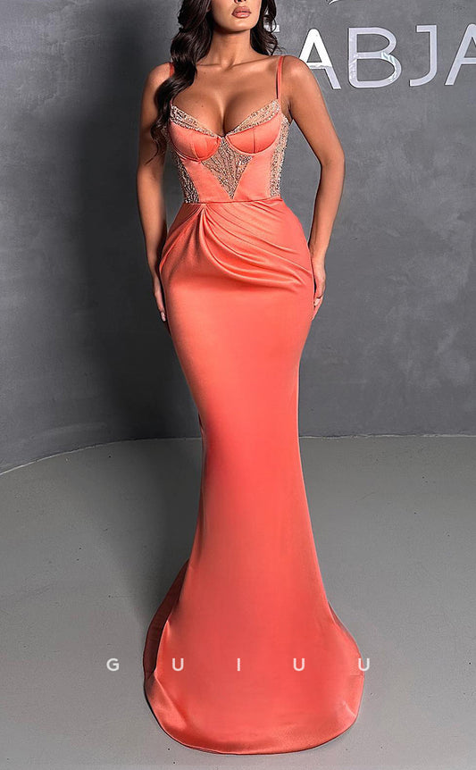 G2436 - Sexy Sheath Straps Mermaid Beaded Long Formal Evening Dress