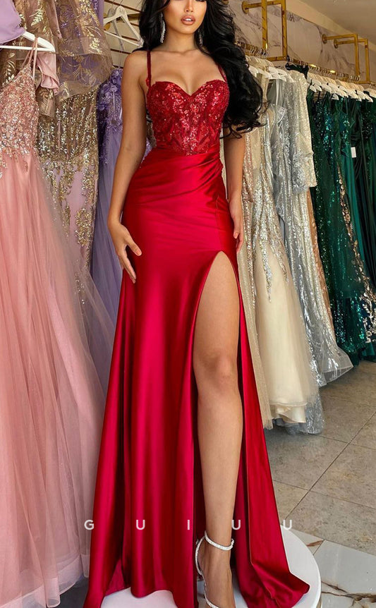 G2455 - Sexy Hot Sequins Straps Long Evening Prom Dress With Silt