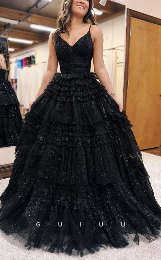 G2469 - A-Line Sparkly Ball Gown Black Long Evening Prom Dress