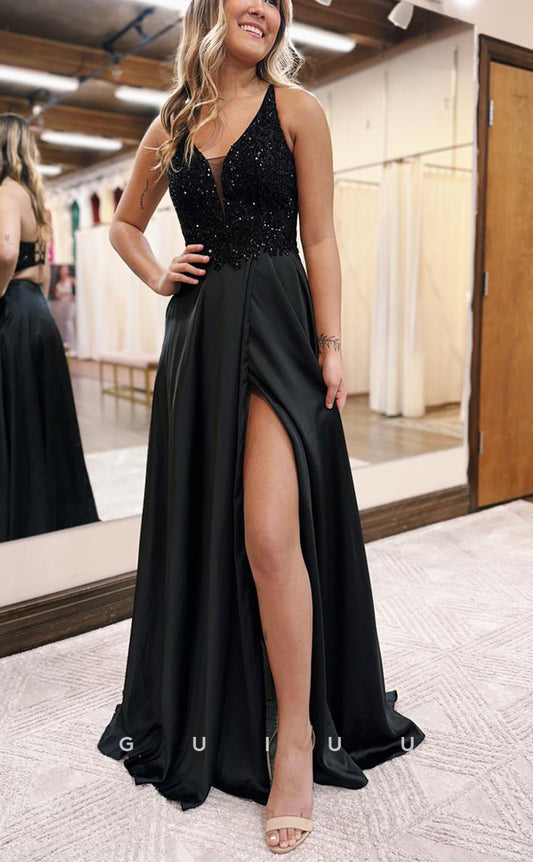 G2472 - Sexy A-Line V-Neck Sequins Long  Black Prom Evening Dress
