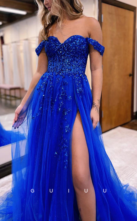 G2482 -Elegant Off-Shoulder Sequins Applique Long Prom Evening Dress