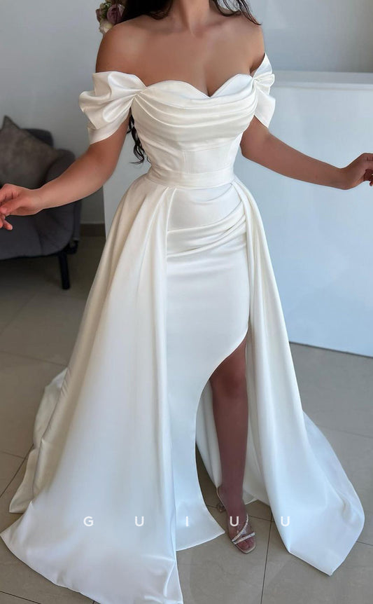 G2495 - Classic Satin Off-Shoulder Ruched Mermaid Long Evening Dress With Overlay