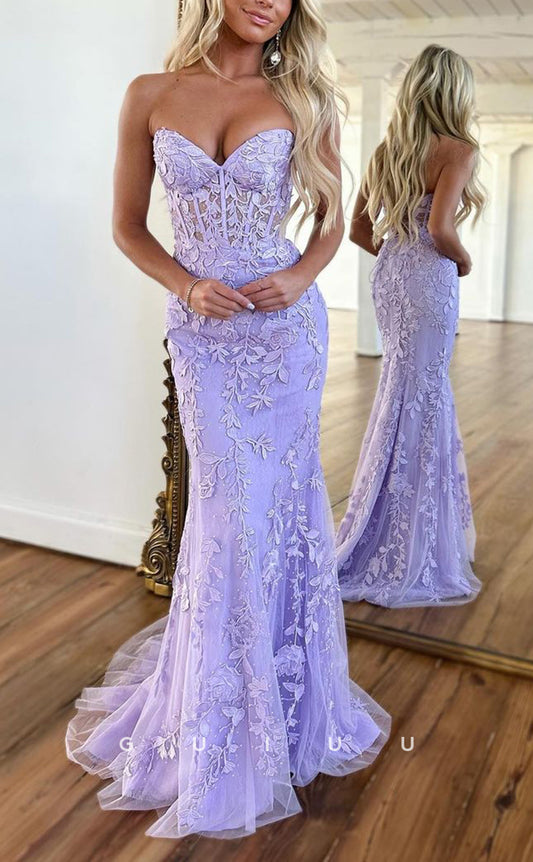 G2519 - Elegant & Luxurious Strapless Applique Lavender Long Prom Evening Dress