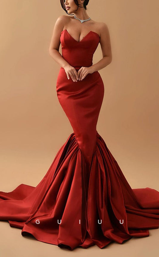 G2520 - Sexy Hot Sweetheart Burgundy Satin Mermaid Long Prom Evening Dress
