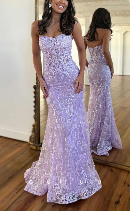 G2523 - Elegant & Luxurious Strapless Sheer Lace Applique Long Prom Evening Dress