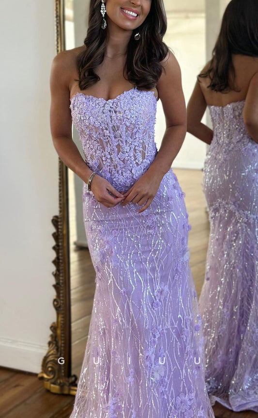 G2523 - Elegant & Luxurious Strapless Sheer Lace Applique Long Prom Evening Dress