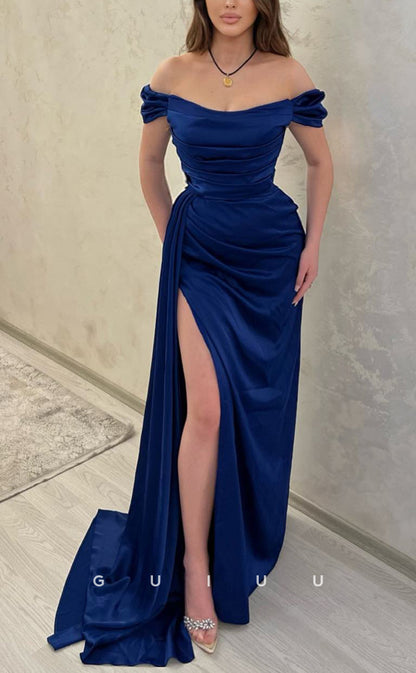 G2531 - Elegant Simple Off-Shoulder Ruched Long Prom Evening Dress With Slit