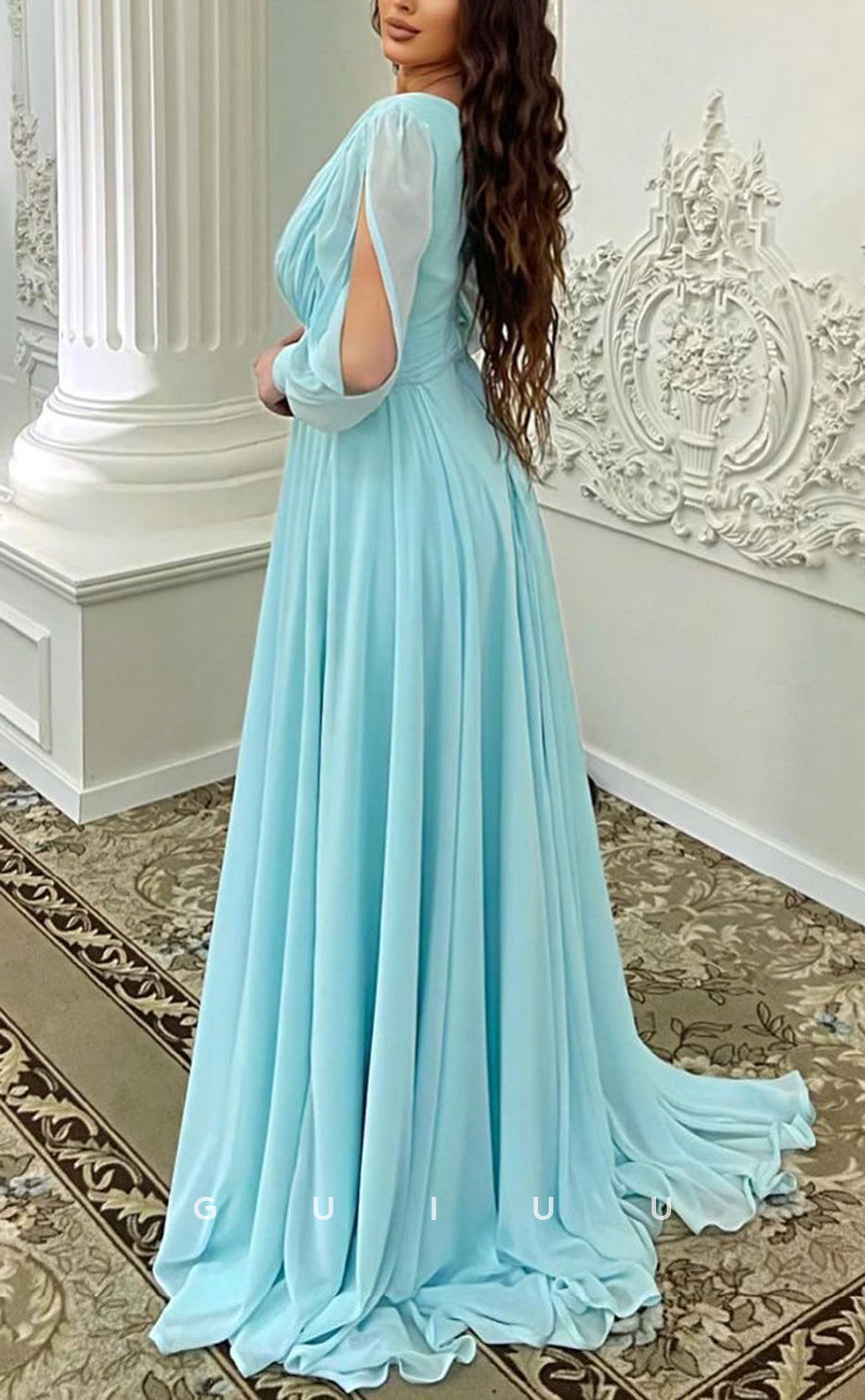 G2533 - Elegant & Luxurious V-Neck Long Sleeves Prom Evening Dress With Sash Gown