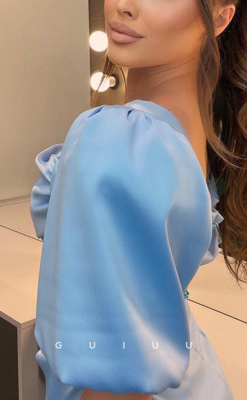 G2534 - Chic & Modern Square Ruched Putty Blue Satin Long Prom Evening Dress