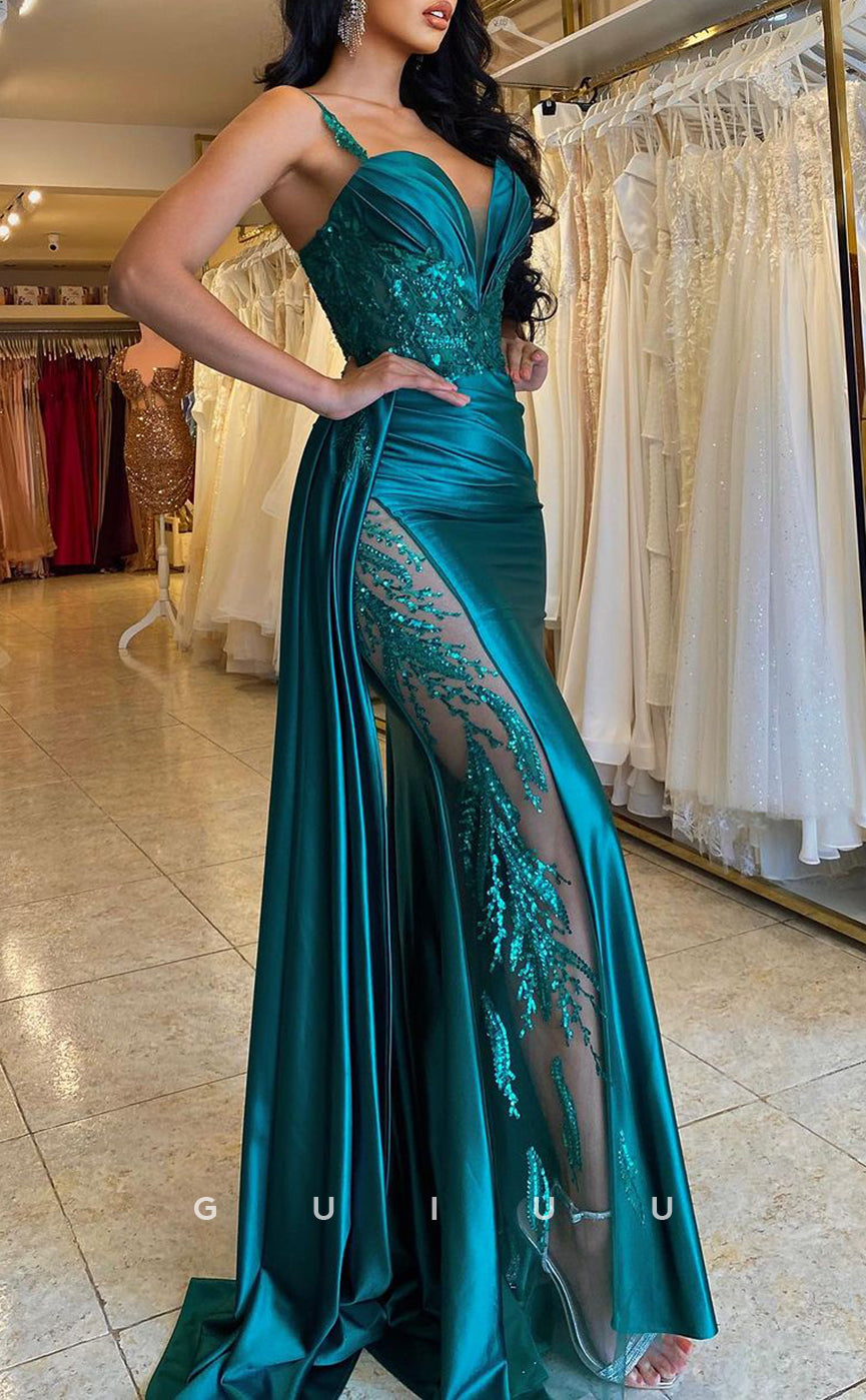 G2537 - Sexy & Hot Straps V-Neck Sequins Satin Long Prom Evening Dresses