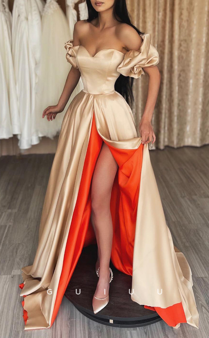 G2549 - Classic & Timeless Off-Shoulder Satin Long Prom Evening Dresses With Slit