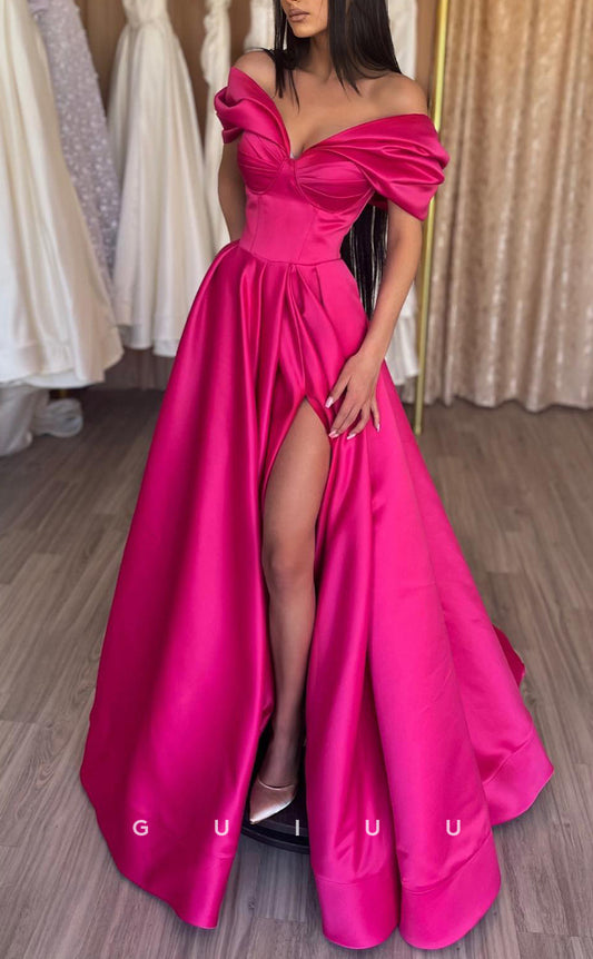 G2550 -  Chic & Modern Off-Shoulder Satin Long Prom Evening Dresses With Slit