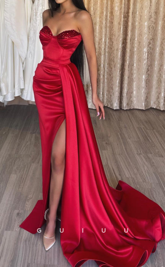 G2556 - Sexy Fitted Sequins Strapless Red Long Prom Evening Dresses With Train