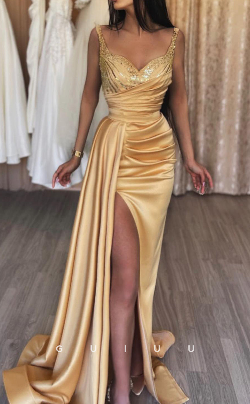 G2558 - Sexy Fitted Sequins Straps Ruched Long Prom Evening Dresses With Train